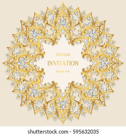 Invitation card templates with gold patterned and crystals color.