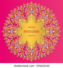 Invitation card templates with gold patterned and crystals color.