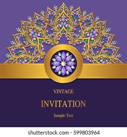 Invitation card templates with gold patterned and crystals color.