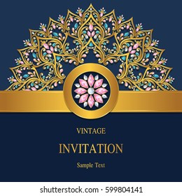 Invitation card templates with gold patterned and crystals color.