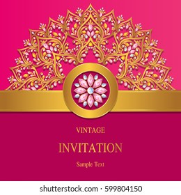 Invitation card templates with gold patterned and crystals color.