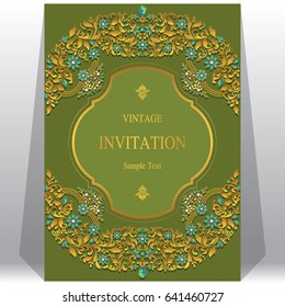Invitation card templates with gold patterned and crystals on paper color.