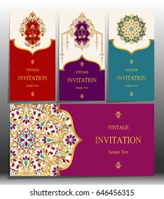 Invitation card templates with gold patterned and crystals on paper color.