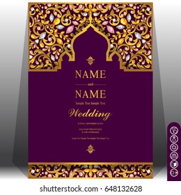 Invitation card templates with gold patterned and crystals on paper color.