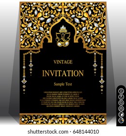 Invitation card templates with gold patterned and crystals on paper color.