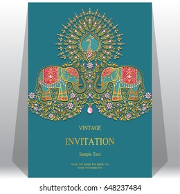 Invitation card templates with gold patterned and crystals on paper color.