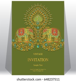 Invitation card templates with gold patterned and crystals on paper color.