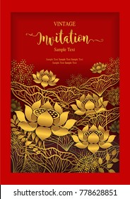 Invitation card templates with golden beautiful lotus flower patterned on red background color. 