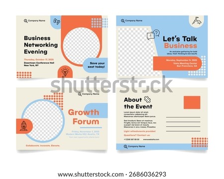 Invitation card templates for a networking event and development forum with detailed event information and a unique design