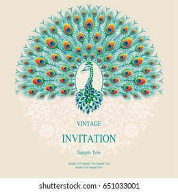 Invitation card templates with peacock patterned and crystals on paper color.