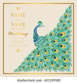 Invitation card templates with peacock patterned and crystals on paper color.