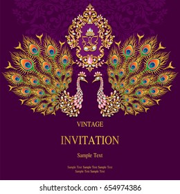 Invitation card templates with peacock patterned and crystals on paper color.