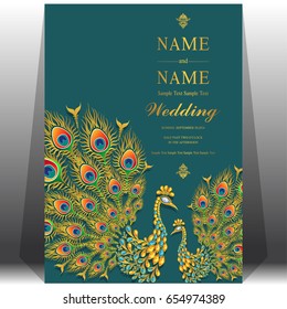 Invitation card templates with peacock patterned and crystals on paper color.