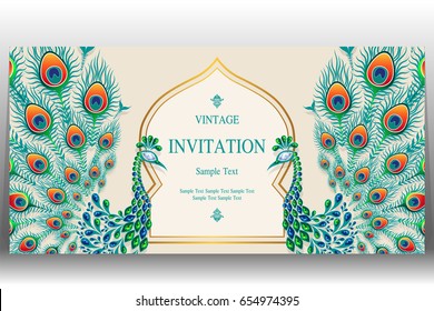 Invitation card templates with peacock patterned and crystals on paper color.