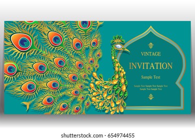 Invitation card templates with peacock patterned and crystals on paper color.
