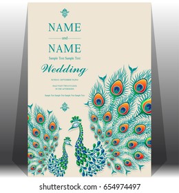 Invitation card templates with peacock patterned and crystals on paper color.