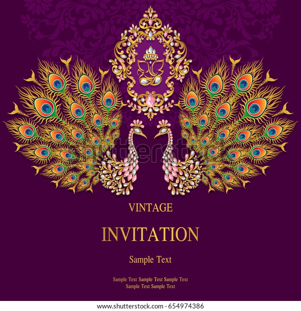 Invitation Card Templates Peacock Patterned Crystals Stock Vector