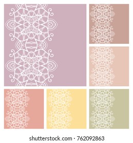 Invitation or Card templates set with lace border, frame element. Decorative openwork filigree art background for Wedding, Valentine's day greeting cards, Birthday Invitations