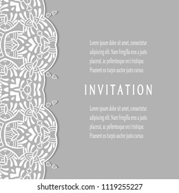 Invitation or Card templates set with lacy border, frame element. Decorative openwork filigree art, lace background for Wedding, Valentine's day greeting cards, Birthday Invitations