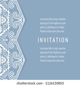 Invitation or Card templates set with lacy border, frame element. Decorative openwork filigree art, lace background for Wedding, Valentine's day greeting cards, Birthday Invitations