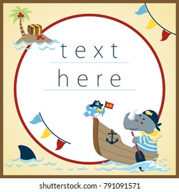 Invitation card templates, vector cartoon of rhino and parrot in pirate costume on boat, pirate elements illustration