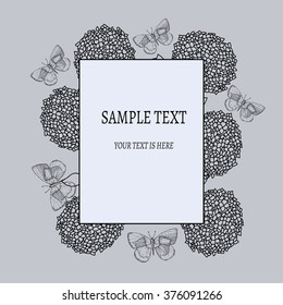 Invitation or card with text on the background of butterflies and hydrangeas in vintage style