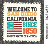 Invitation card with text "Welcome to San Diego, State California. Since 1850" with american flag on grunge postage stump. Retro card. Typography design. vector illustration