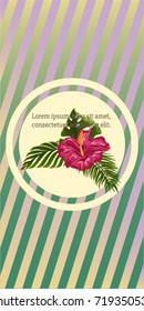 Invitation Card with Tropical Decorative elements: leaves & flower on golden-green-pink stripes background