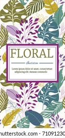 Invitation Card with Tropical  pattern with palm leaves on light background 