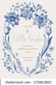 Invitation card with tulips rose hips. Botanical vector illustration. Blue.