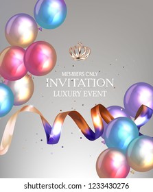 Invitation card with two colored ribbons and colorful airballoons. Vector illustration