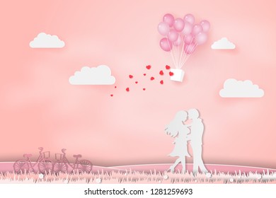 Invitation card Valentine's day abstract background with young joyful couple on 
field,Paper art style.