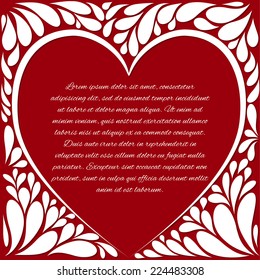 Invitation card for Valentine's Day with abstract heart of white petals and text block on the red background.
