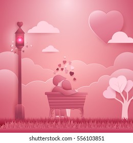 Invitation card Valentines day background. Couple sitting at the Romantic place, concept falling in love. paper cut, art, origami style