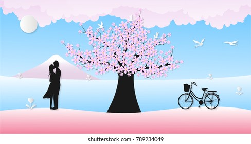 Invitation card Valentine's day background with Men Women Sakura tree Bicycle Bird Flower and Sun. Vector illustration.Paper art concept.