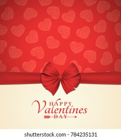 Invitation card for Valentines day. Red bow. Realistic tape. Background of hearts from scribbles. Template for your design. Vector illustration.