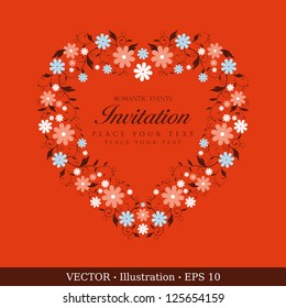 Invitation card of Valentine`s day or Wedding with flower wreath and space for your message. Vector illustration.