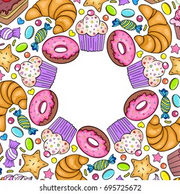 Invitation card with various sweets on white background. Vector illustration.