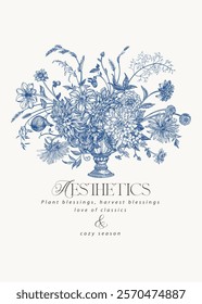 Invitation card with vase and flowers. Vintage drawing of garden flowerpot with lush bouquet of flowers. Detailed botany. Blue 