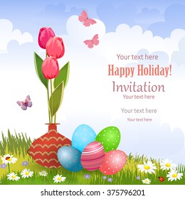 invitation card with vase of tulips and colorful eggs on a meadow