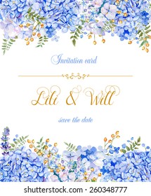 Invitation card. Vector blue watercolor flowers. Vintage floral background