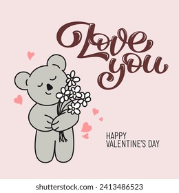 Invitation card with Vector Lettering Love you and cute shine bear. Template for invitation, card, banner, social media, poster, menu, cover