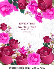 Invitation Card vector. Roses beauty flowers. Fuchsia pink colors