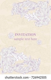 Invitation card Vector. Royal victorian pattern ornament. Baroque backgrounds. lavender colors