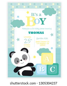 Invitation card vectorial baby panda - baby shower - baby boy - pastel colors - illustration