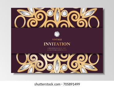 invitation card vintage design with diamond mandala pattern on purple background vector