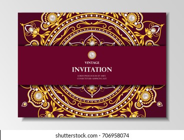invitation card vintage design with diamond mandala pattern on red background vector