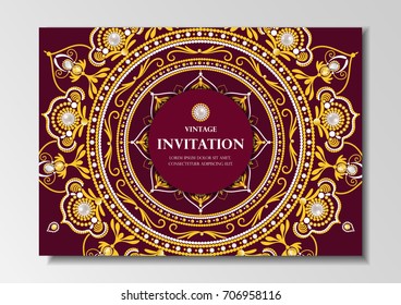 invitation card vintage design with diamond mandala pattern on red background vector