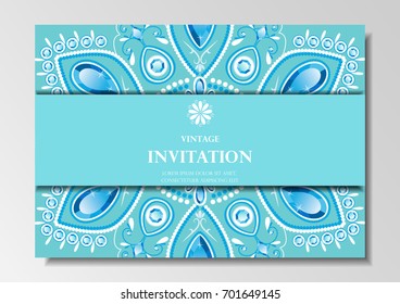invitation card vintage design with lace mandala pattern on blue background vector