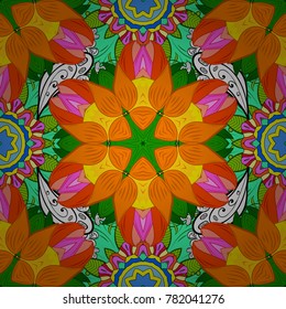 Invitation Card. Vintage pattern. Christmas Card Mandala Design. Decorative Indian Round Mandala on orange, green, yellow colors. Islam, Arabic, Indian, Turkish, Pakistan.